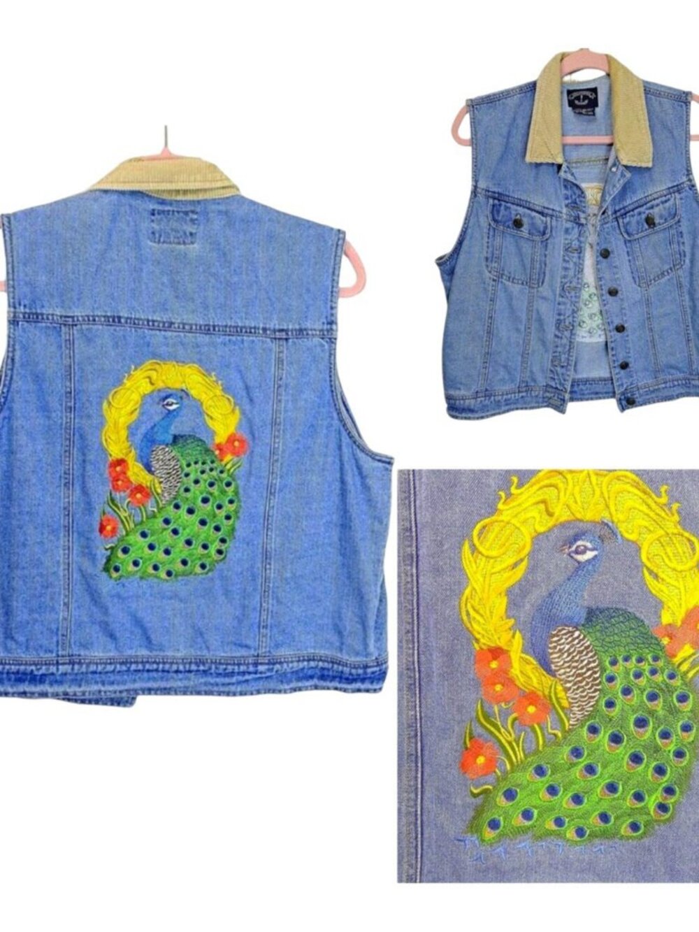 Vintage Solutions Original Denim Vest Jacket Custom Embroidered Peacock Size L